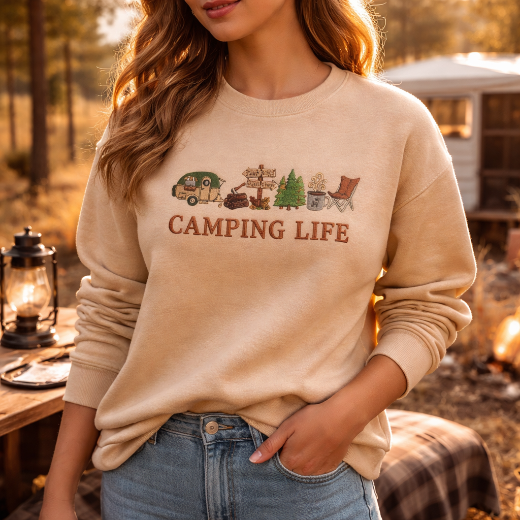 Camping Life Trailer - Long Sleeve T-Shirt Adult Embroidery
