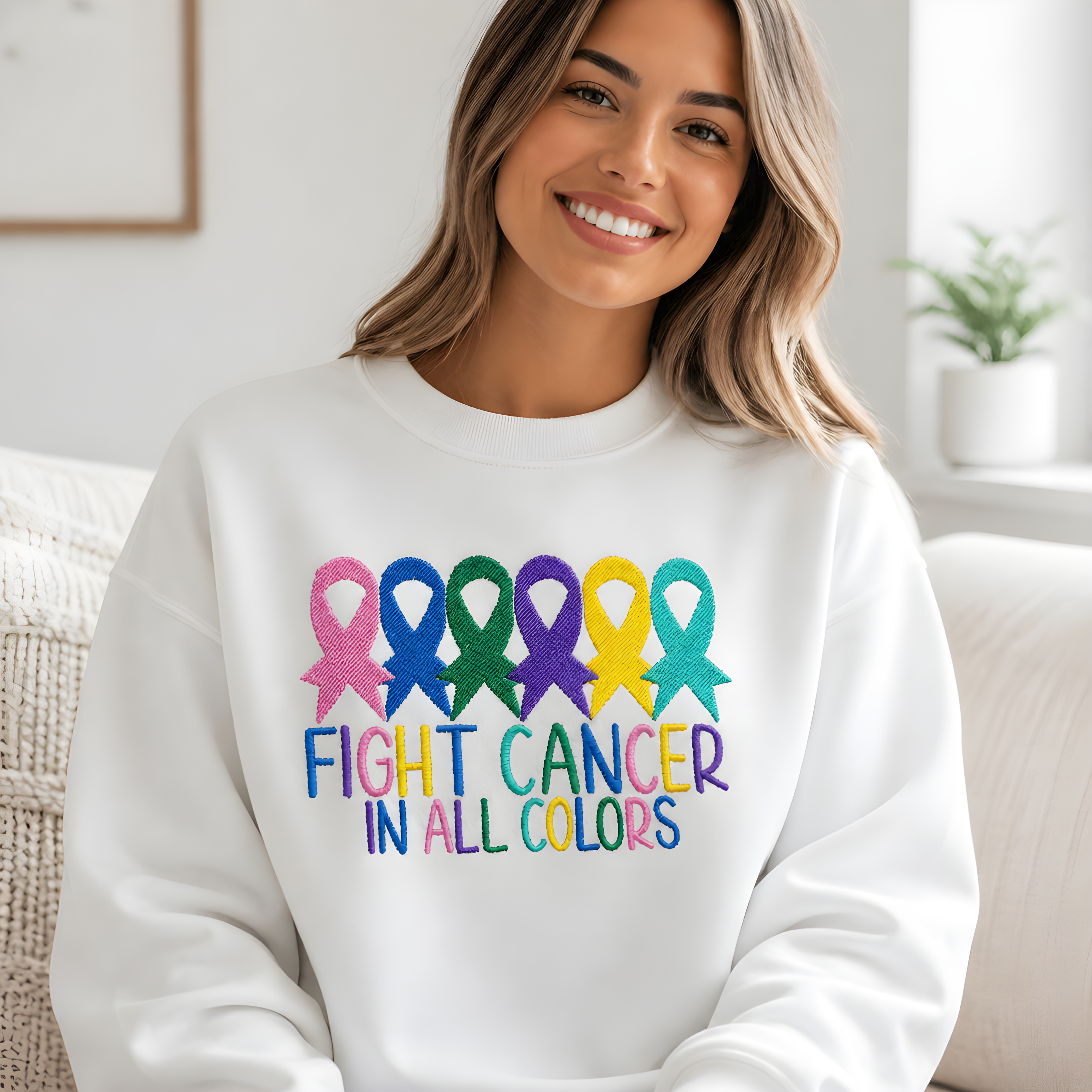 Fight Cancer In All Colors - Crewneck Adult Embroidery