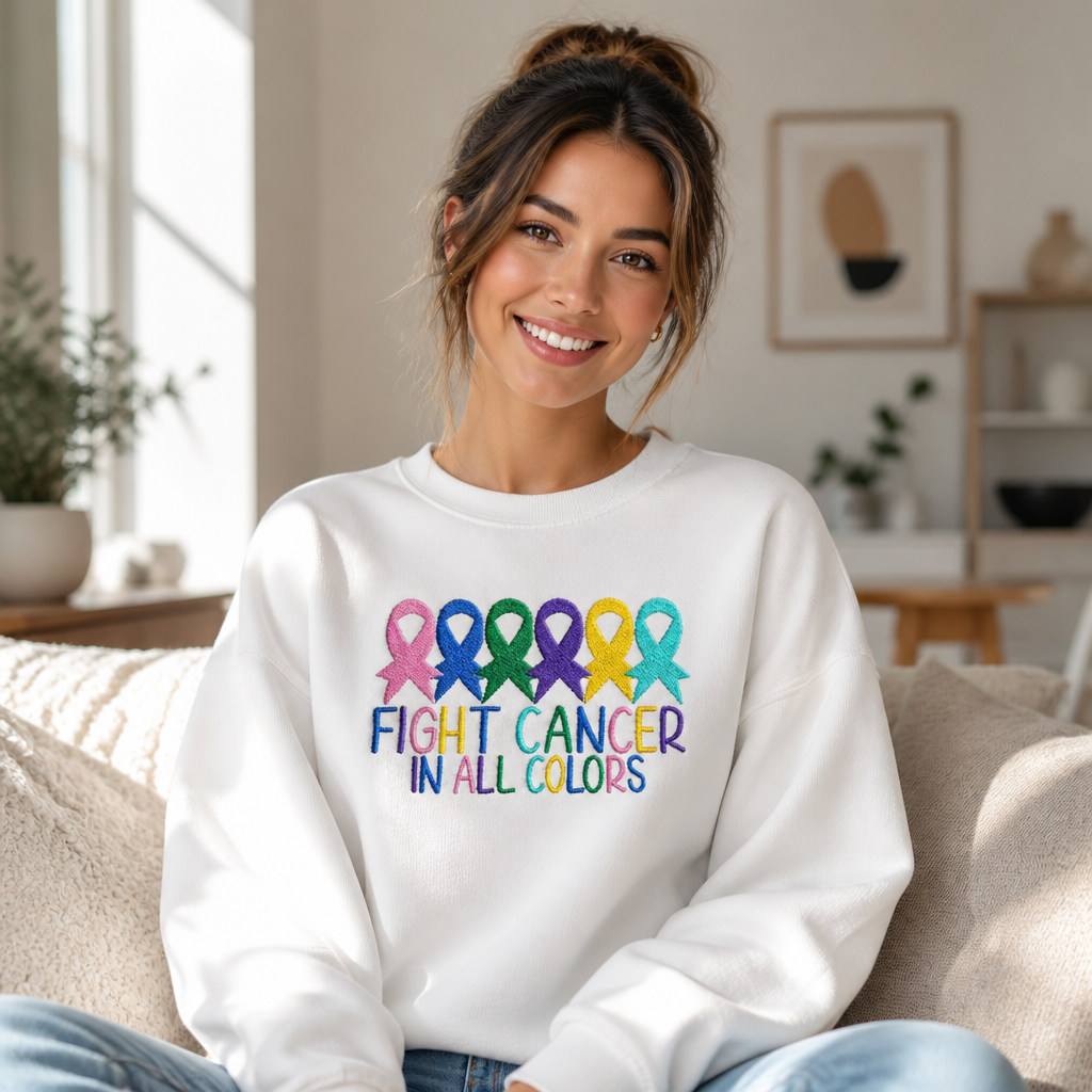 Fight Cancer In All Colors - Crewneck Adult Embroidery