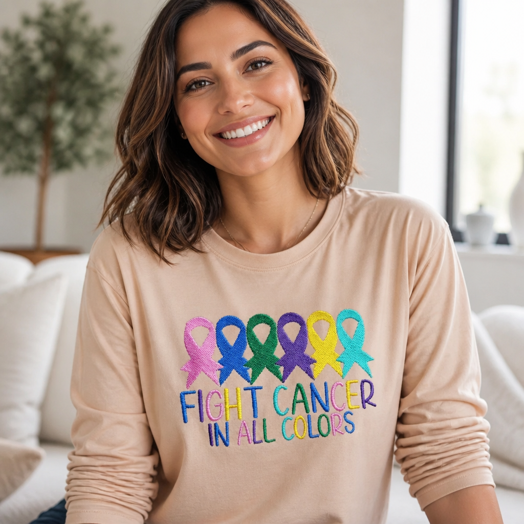 Fight Cancer In All Colors - Long Sleeve T-Shirt Adult Embroidery