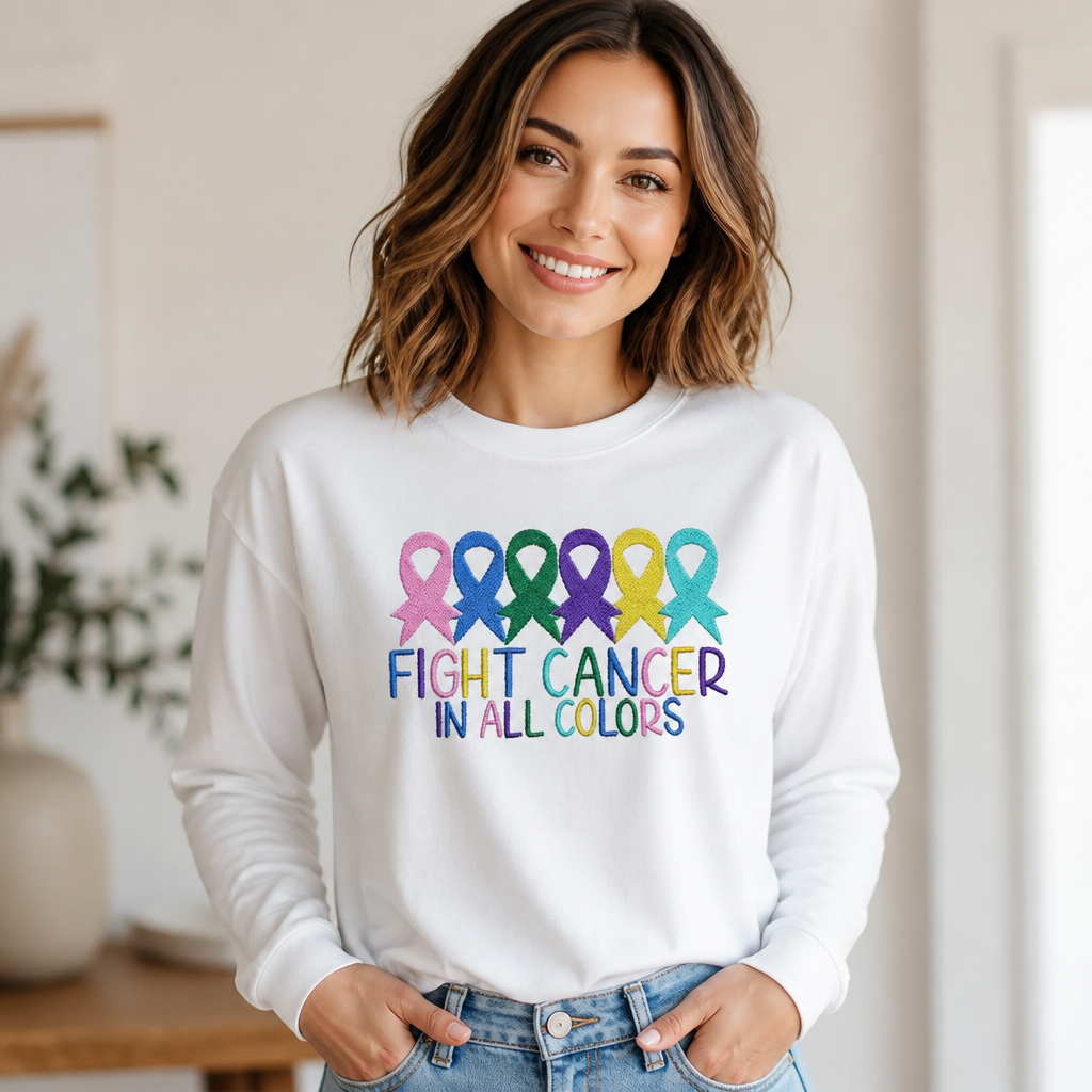 Fight Cancer In All Colors - Long Sleeve T-Shirt Adult Embroidery
