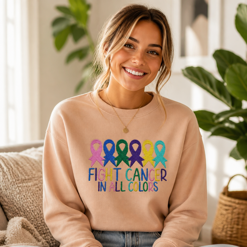 Fight Cancer In All Colors - Long Sleeve T-Shirt Adult Embroidery