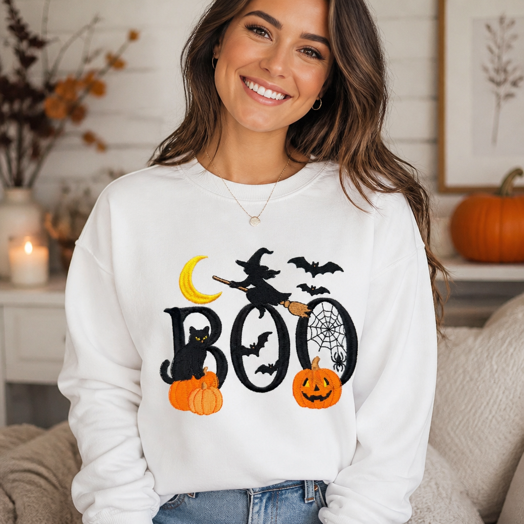 Boo Embroidered Crewneck Sweatshirt - Crewneck Adult Embroidery