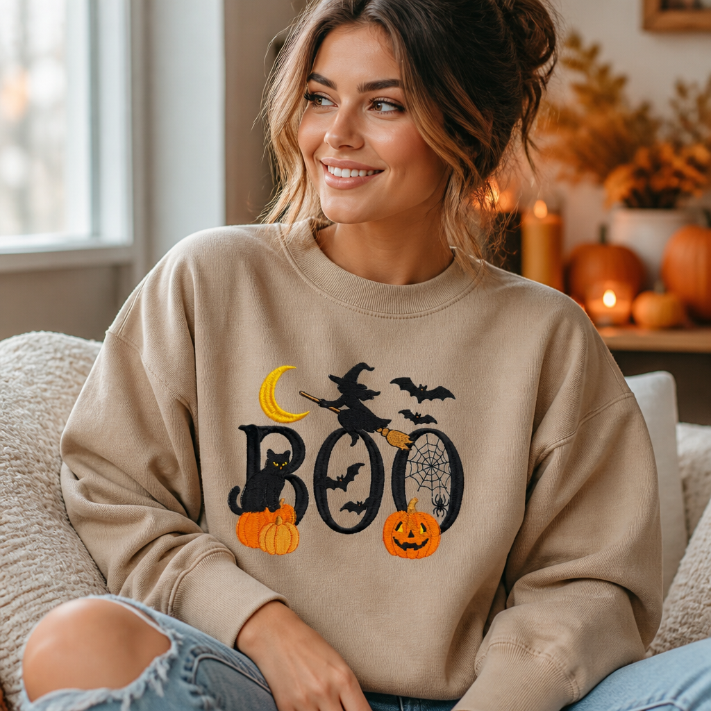 Boo Embroidered Crewneck Sweatshirt - Crewneck Adult Embroidery