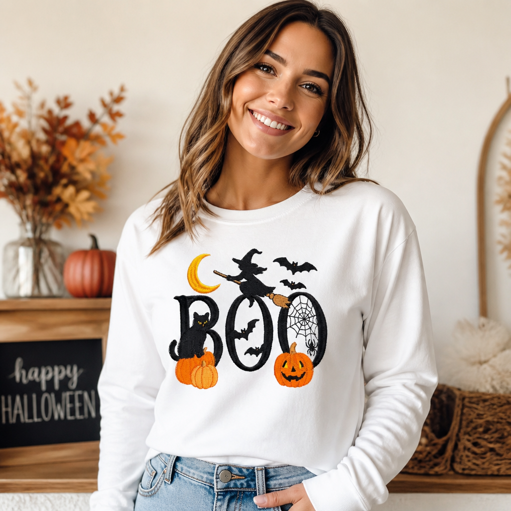 Boo Embroidered Long Sleeve T Shirt - Long Sleeve T-Shirt Adult Embroidery