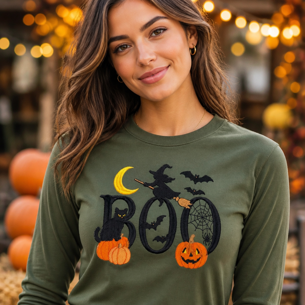 Boo Embroidered Long Sleeve T Shirt - Long Sleeve T-Shirt Adult Embroidery