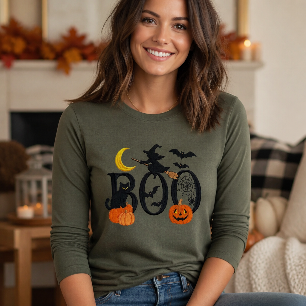 Boo Embroidered Long Sleeve T Shirt - Long Sleeve T-Shirt Adult Embroidery