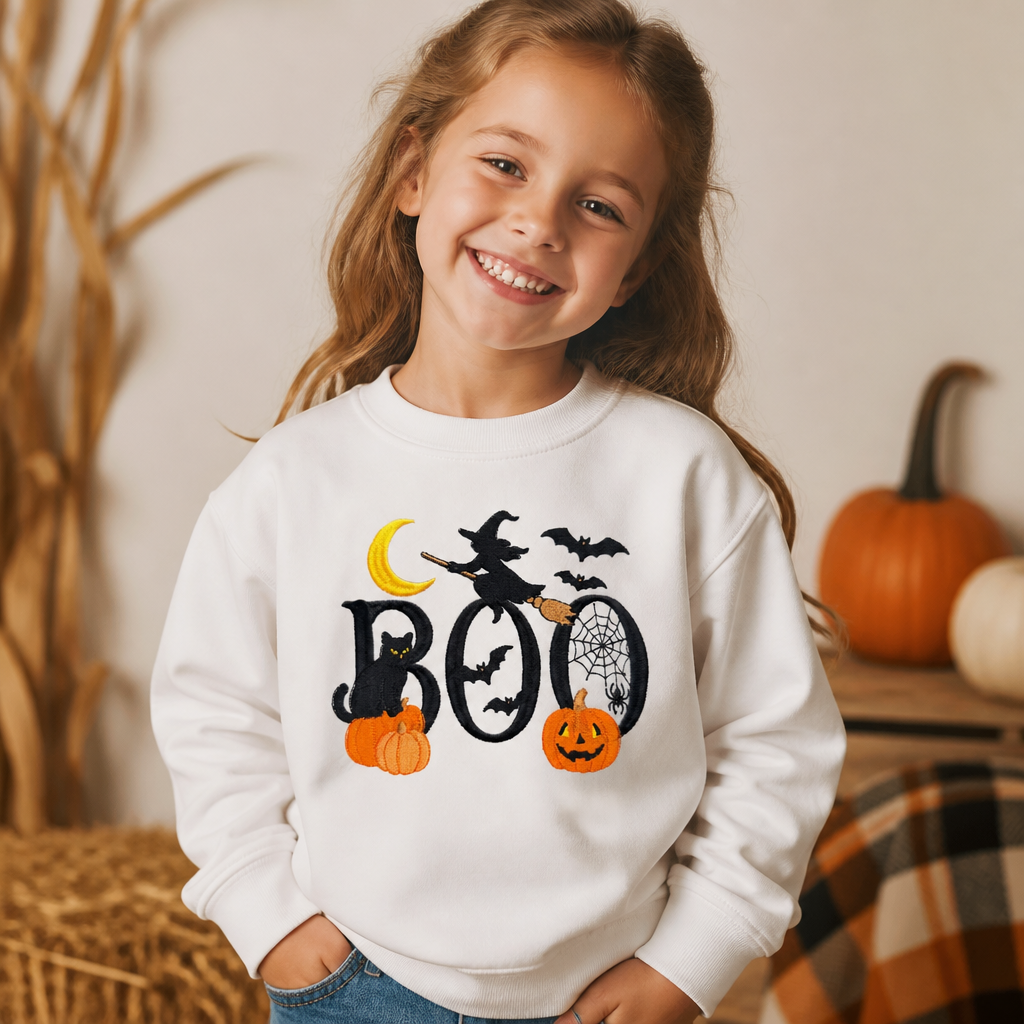 Youth Boo Halloween T Shirt & Crewneck Sweatshirt - Kids Embroidery