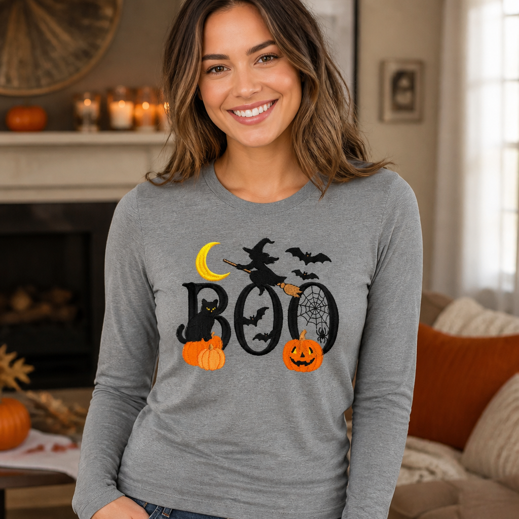Boo Embroidered Long Sleeve T Shirt - Long Sleeve T-Shirt Adult Embroidery