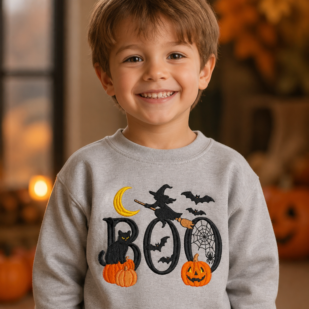 Youth Boo Halloween T Shirt & Crewneck Sweatshirt - Kids Embroidery