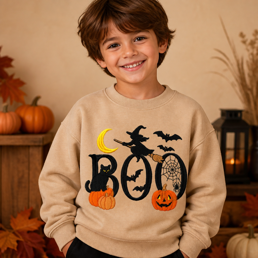 Youth Boo Halloween T Shirt & Crewneck Sweatshirt - Kids Embroidery