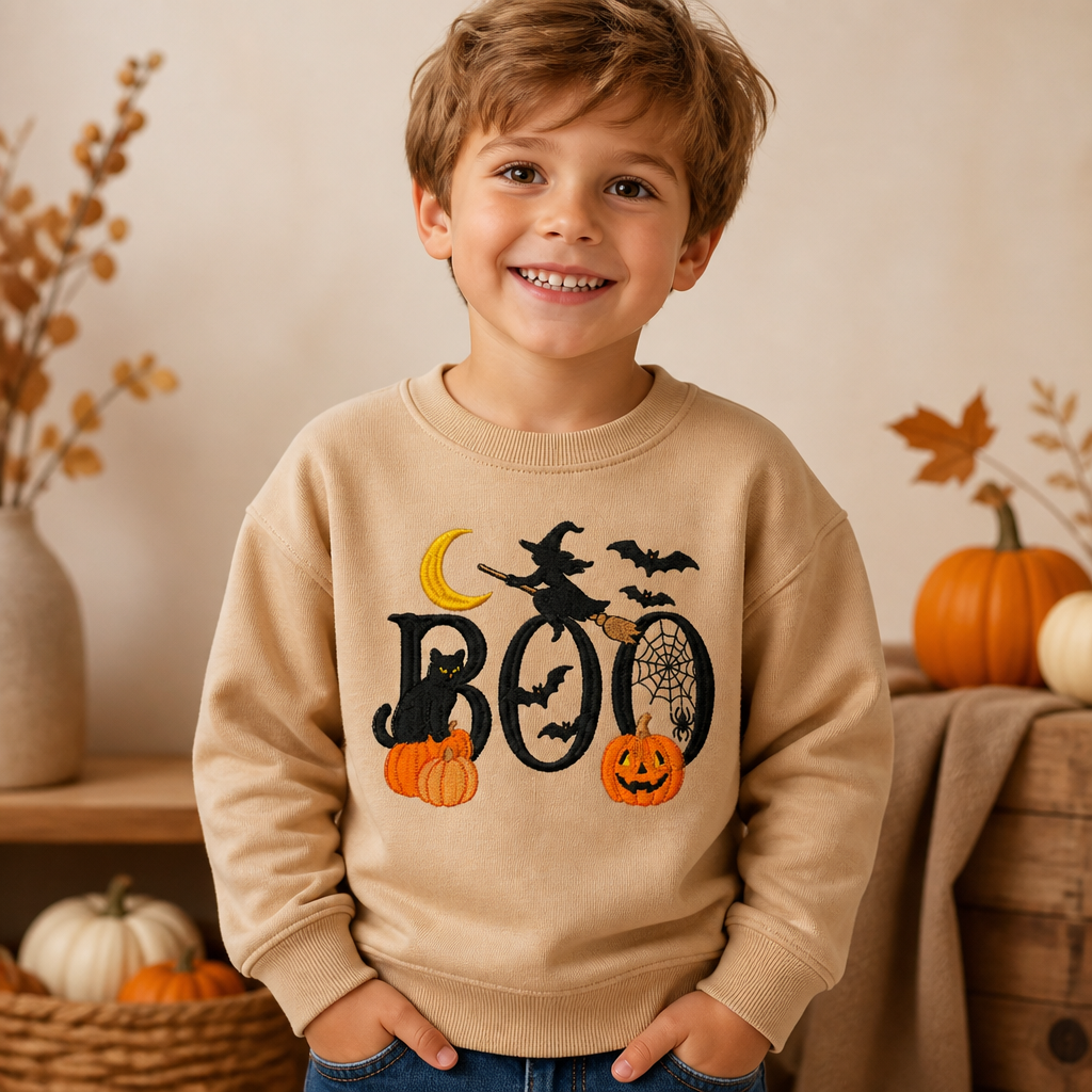 Youth Boo Halloween T Shirt & Crewneck Sweatshirt - Kids Embroidery