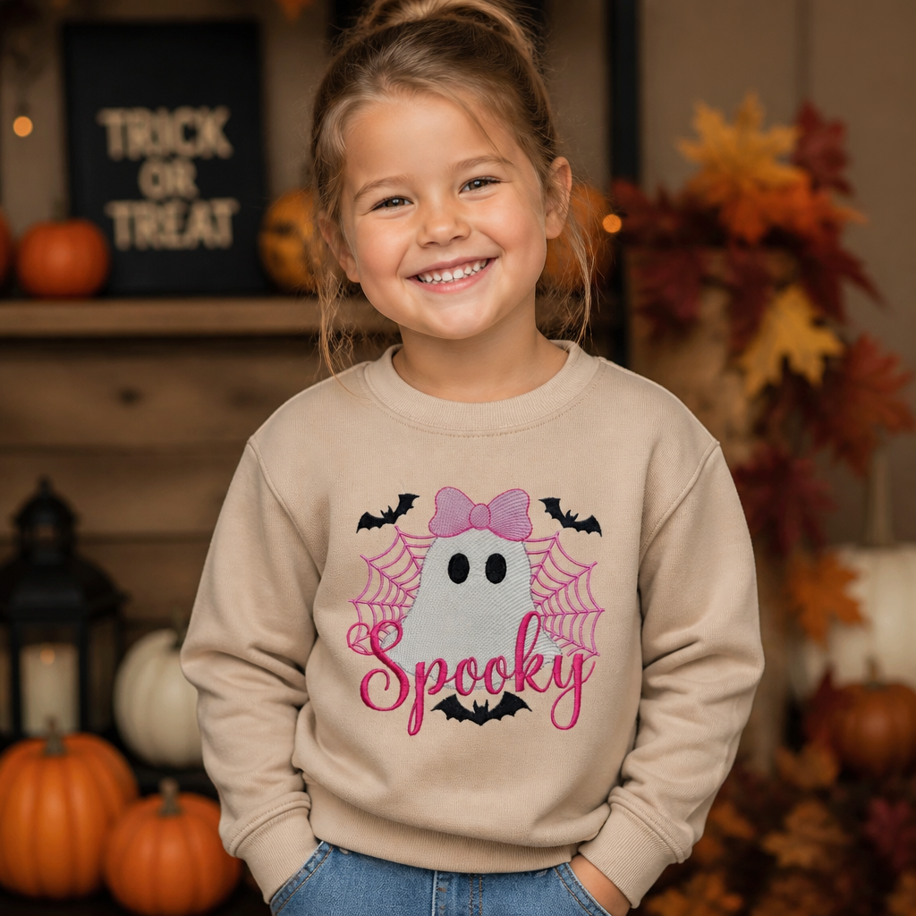 Youth Spooky Ghost T Shirt & Crewneck Sweatshirt - Kids Embroidery