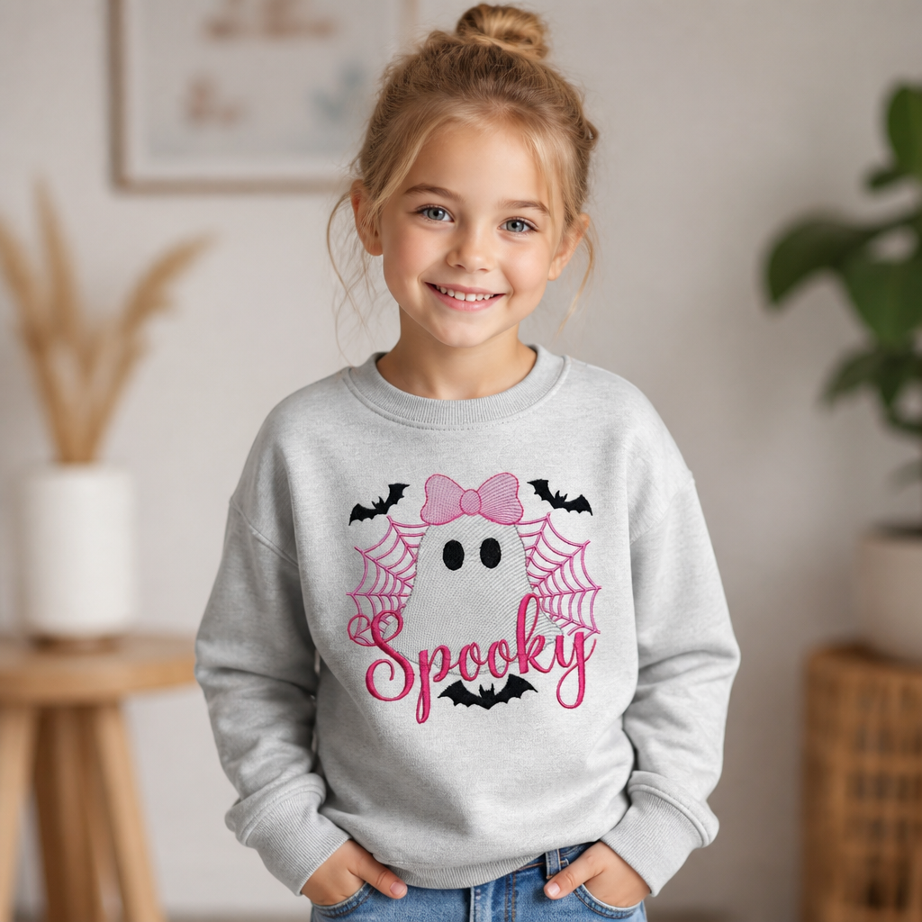 Youth Spooky Ghost T Shirt & Crewneck Sweatshirt - Kids Embroidery