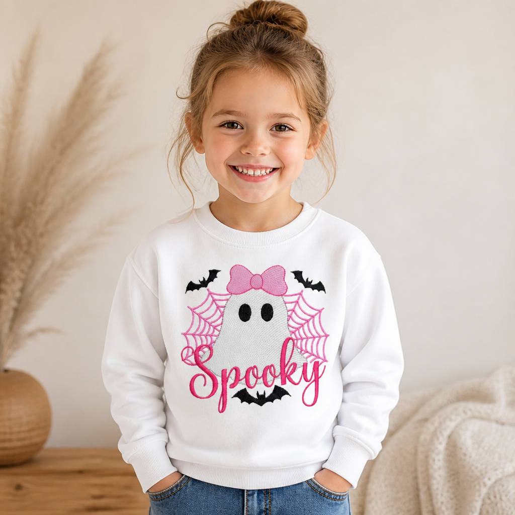 Youth Spooky Ghost T Shirt & Crewneck Sweatshirt - Kids Embroidery
