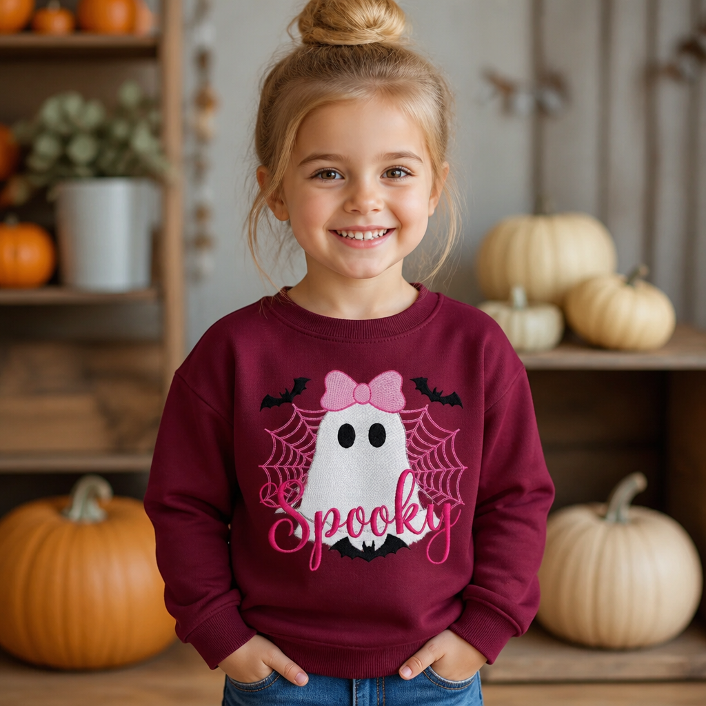 Youth Spooky Ghost T Shirt & Crewneck Sweatshirt - Kids Embroidery