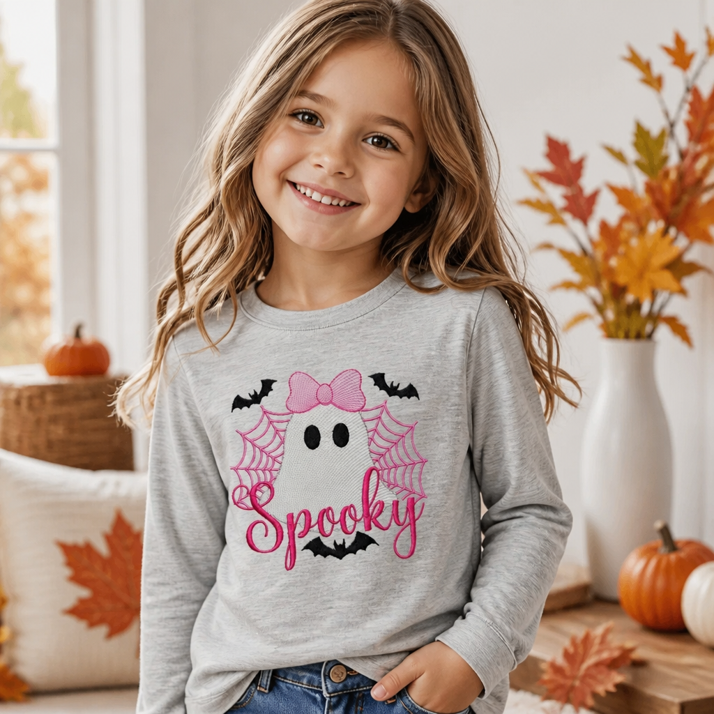 Youth Spooky Ghost T Shirt & Crewneck Sweatshirt - Kids Embroidery