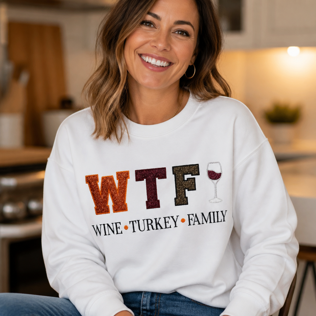 WTF Wine Turkey Family Embroidered Thanksgiving - Crewneck Adult Embroidery