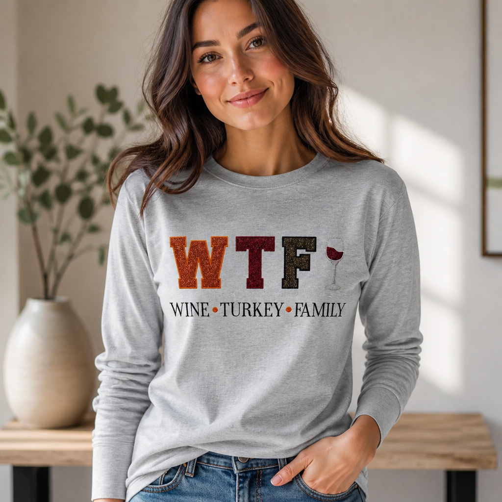WTF Wine Turkey Family Embroidered Thanksgiving Shirt- Long Sleeve T-Shirt Adult Embroidery