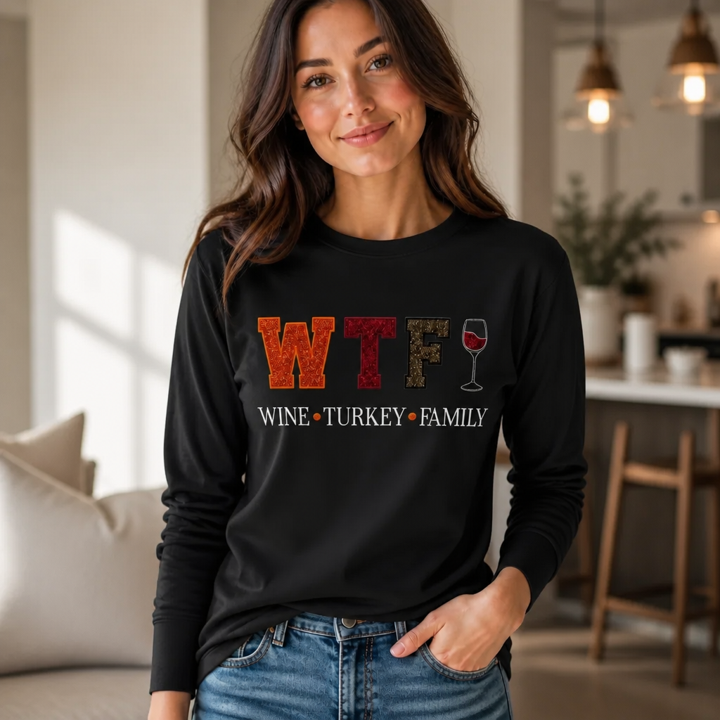 WTF Wine Turkey Family Embroidered Thanksgiving Shirt- Long Sleeve T-Shirt Adult Embroidery