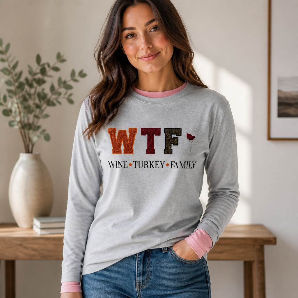 WTF Wine Turkey Family Embroidered Thanksgiving Shirt- Long Sleeve T-Shirt Adult Embroidery