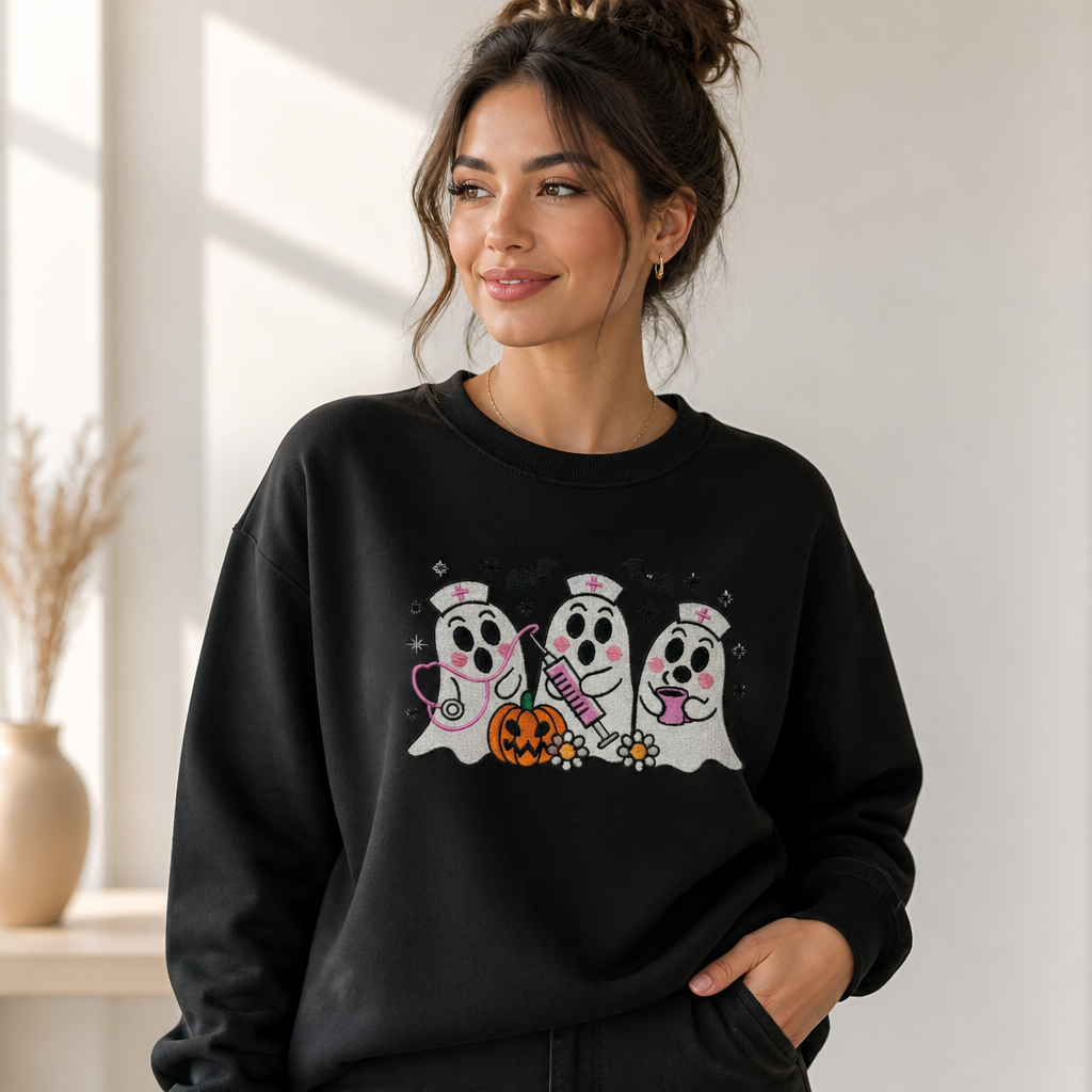 Embroidered Ghost Nurse Crewneck Sweatshirt - Crewneck Adult Embroidery