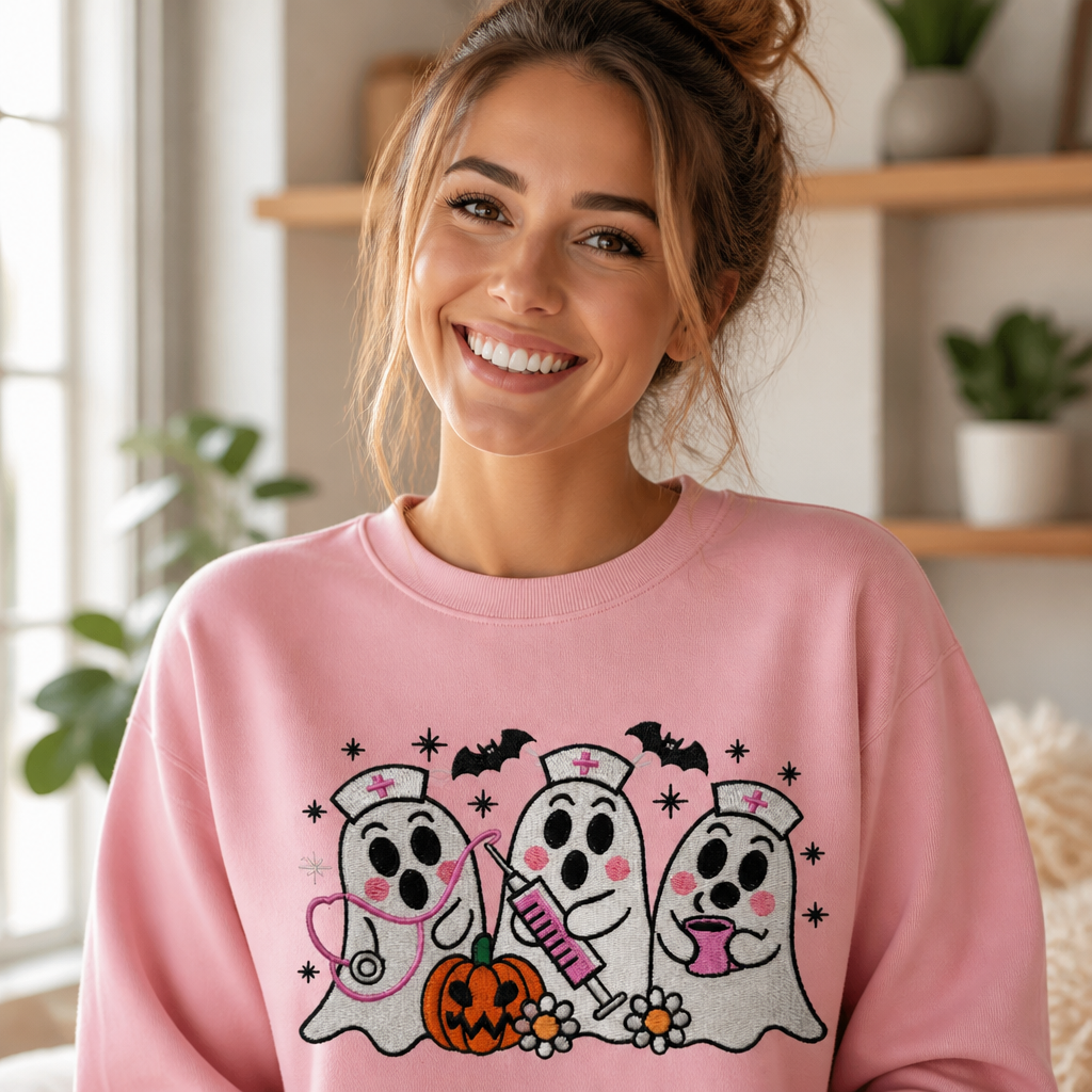 Embroidered Ghost Nurse Crewneck Sweatshirt - Crewneck Adult Embroidery