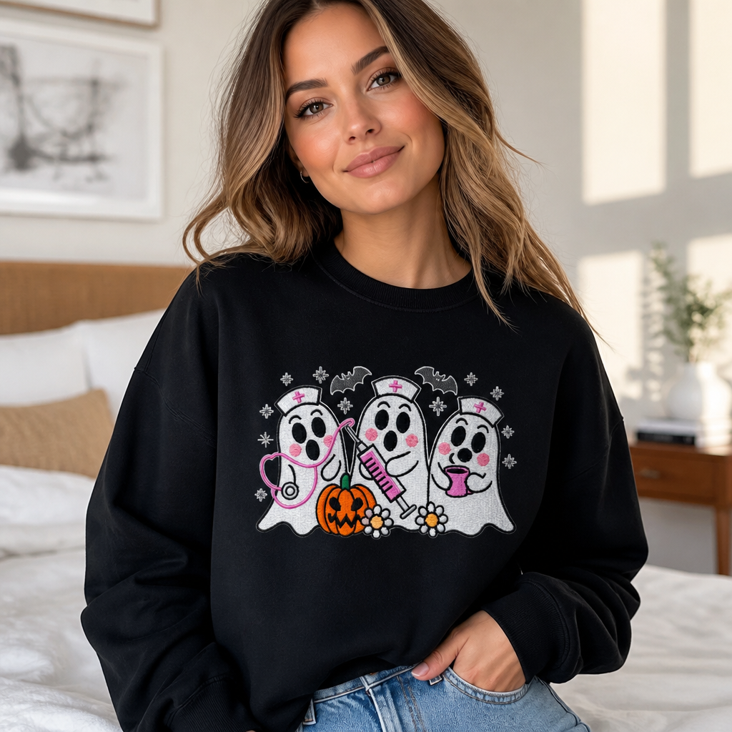 Embroidered Ghost Nurse Crewneck Sweatshirt - Crewneck Adult Embroidery