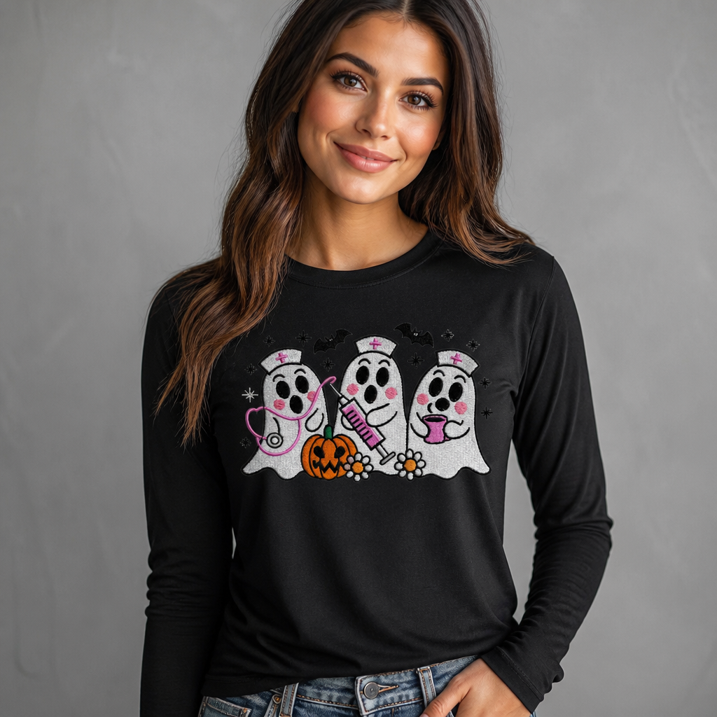 Embroidered Ghost Nurse Long Sleeve T-Shirt – Spooky Halloween Nurse Shirt- Long Sleeve T-Shirt Adult Embroidery