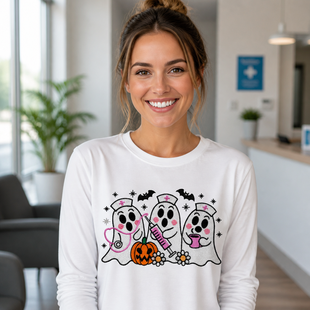 Embroidered Ghost Nurse Long Sleeve T-Shirt – Spooky Halloween Nurse Shirt- Long Sleeve T-Shirt Adult Embroidery