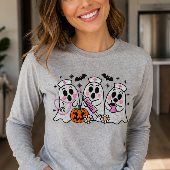 Embroidered Ghost Nurse Long Sleeve T-Shirt – Spooky Halloween Nurse Shirt- Long Sleeve T-Shirt Adult Embroidery