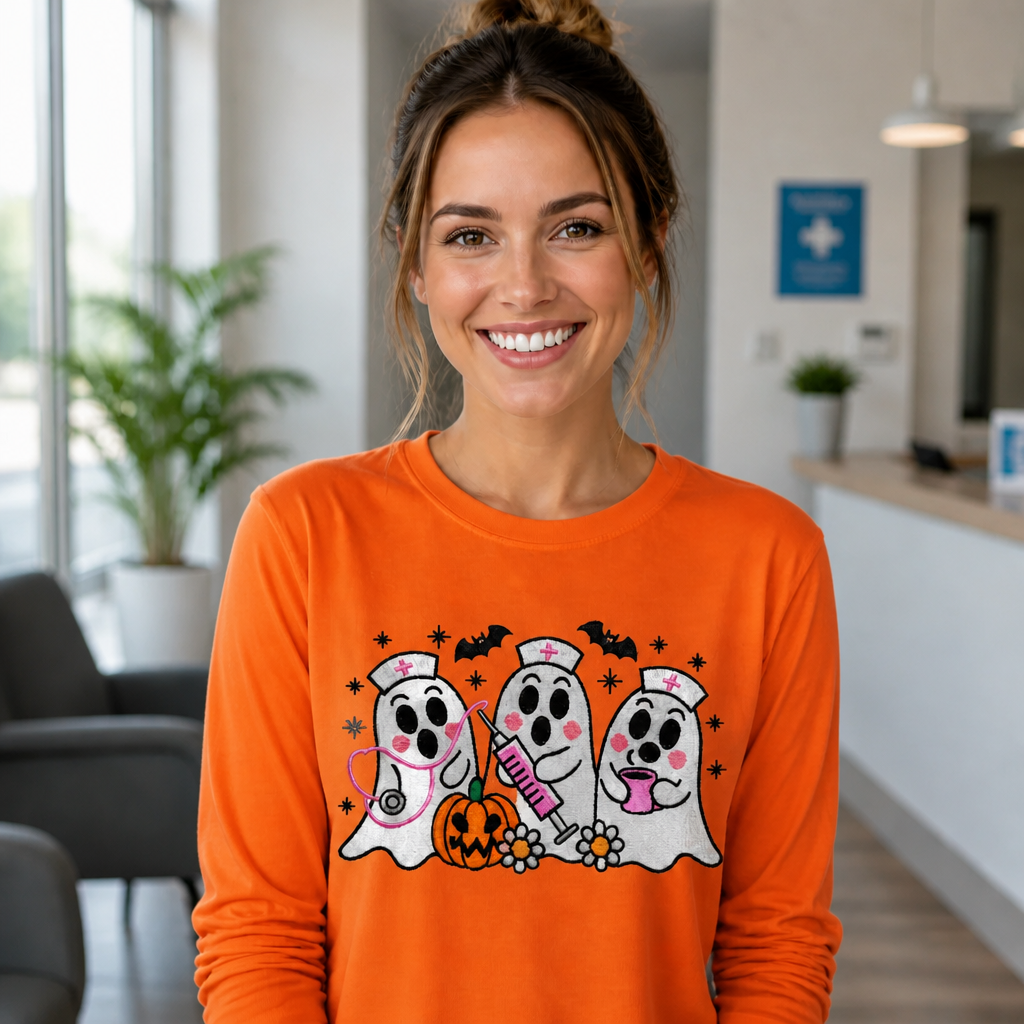 Embroidered Ghost Nurse Long Sleeve T-Shirt – Spooky Halloween Nurse Shirt- Long Sleeve T-Shirt Adult Embroidery