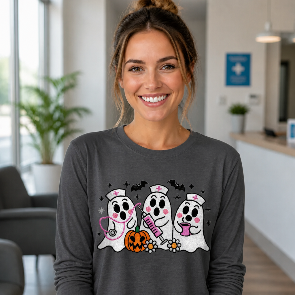 Embroidered Ghost Nurse Long Sleeve T-Shirt – Spooky Halloween Nurse Shirt- Long Sleeve T-Shirt Adult Embroidery