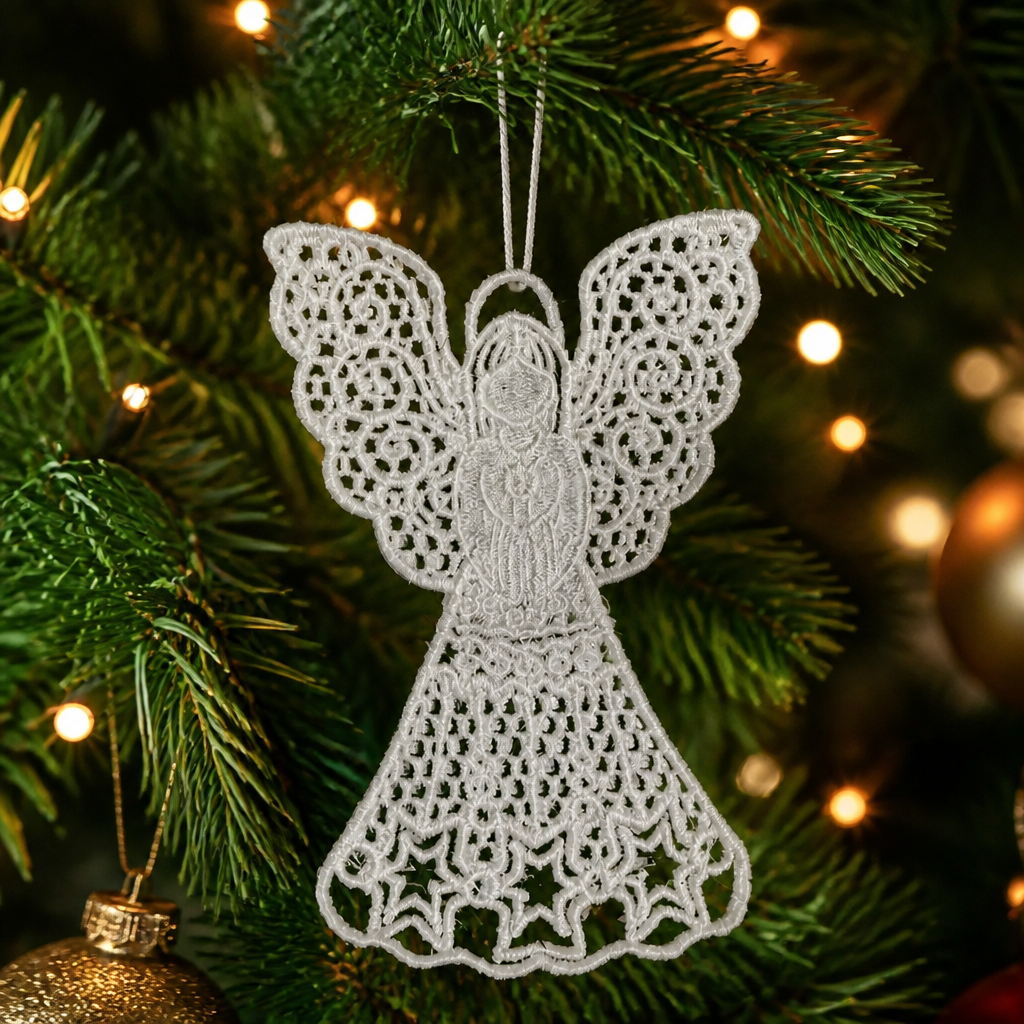 White Lace Angel Embroidered Christmas Ornament - Embroidery
