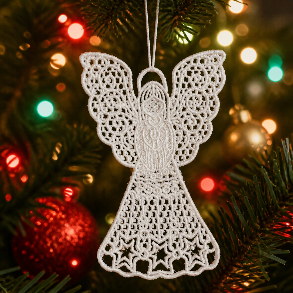 White Lace Angel Embroidered Christmas Ornament - Embroidery