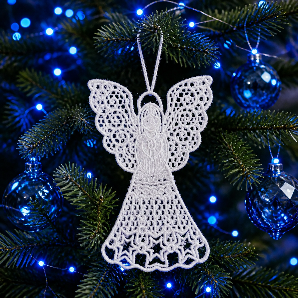 White Lace Angel Embroidered Christmas Ornament - Embroidery