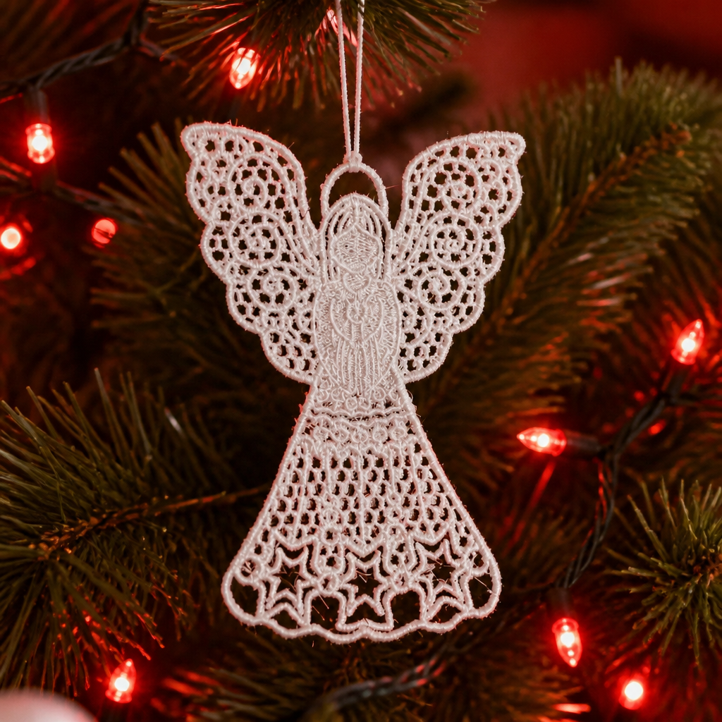 White Lace Angel Embroidered Christmas Ornament - Embroidery