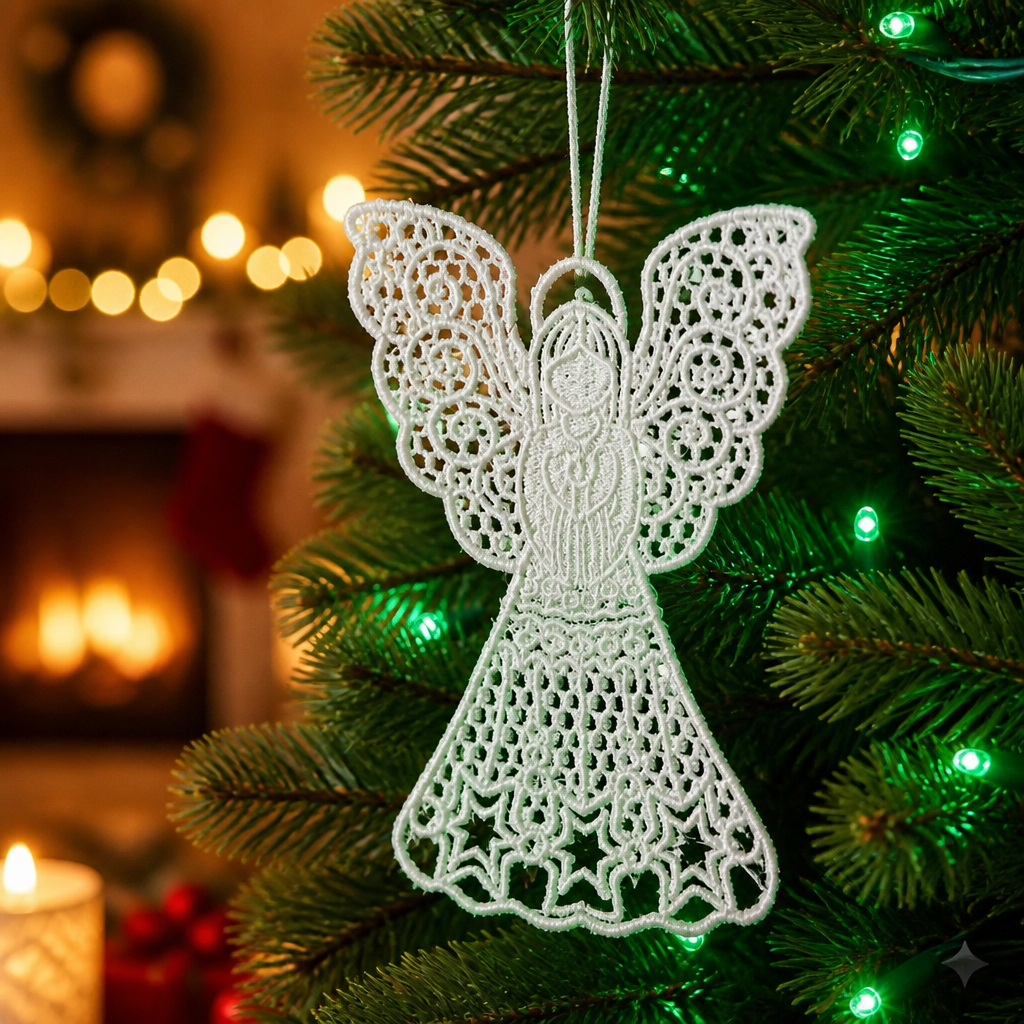 White Lace Angel Embroidered Christmas Ornament - Embroidery