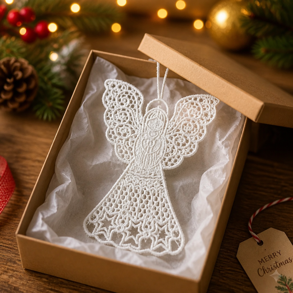 White Lace Angel Embroidered Christmas Ornament - Embroidery