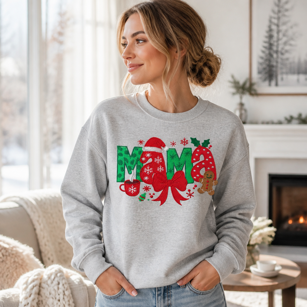 Mama Christmas  Gingerbread Bow- Crewneck Adult Embroidery