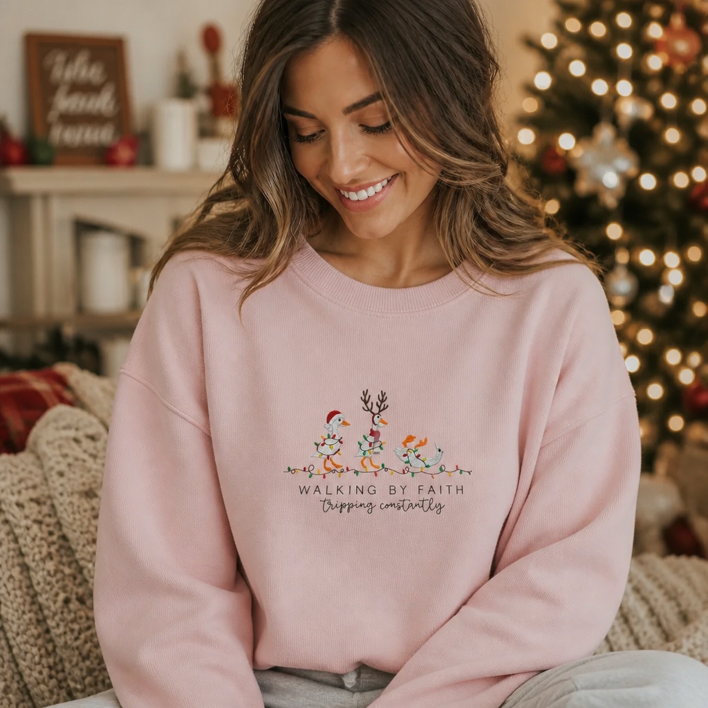 Walking by Faith Christmas Holiday Geese - Crewneck Adult Embroidery