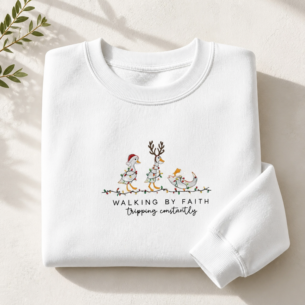 Walking by Faith Christmas Holiday Geese - Crewneck Adult Embroidery