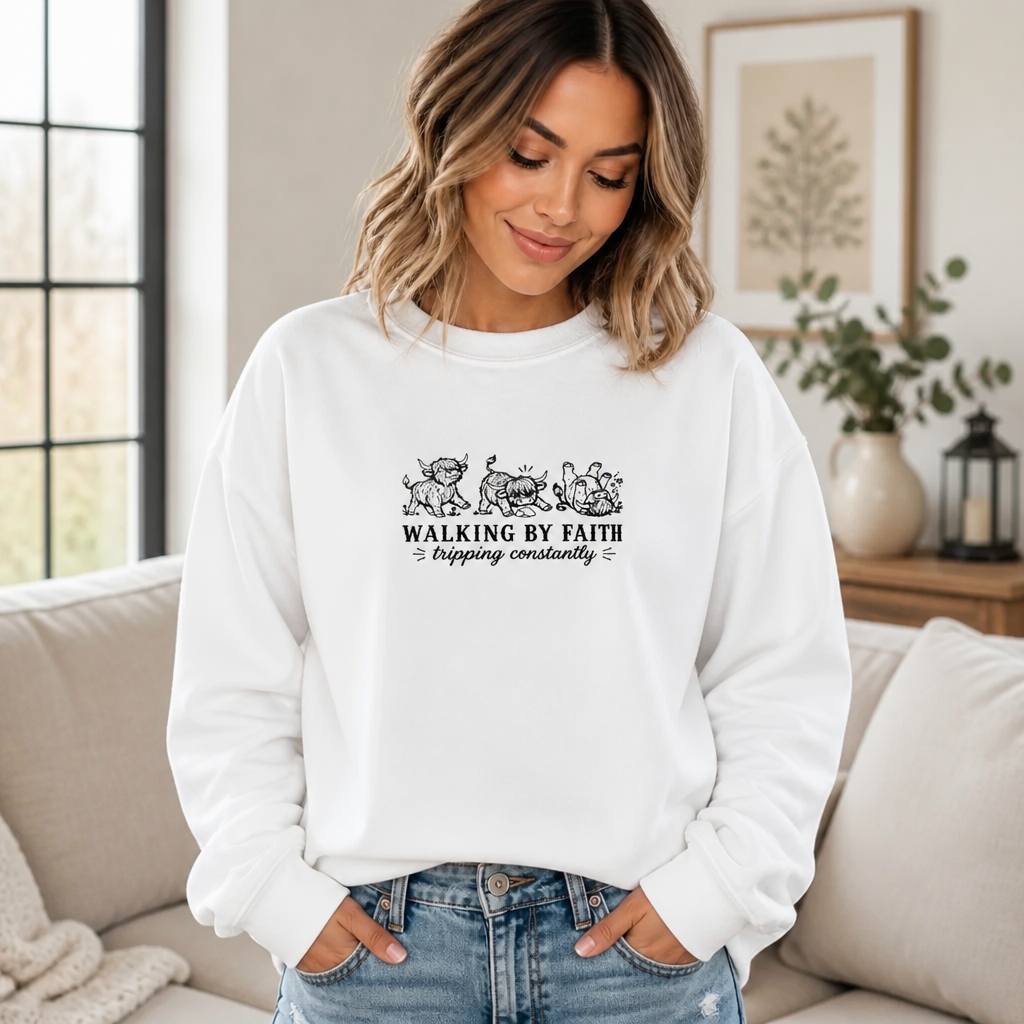 Walking By Faith Highland Cow - Crewneck Adult Embroidery