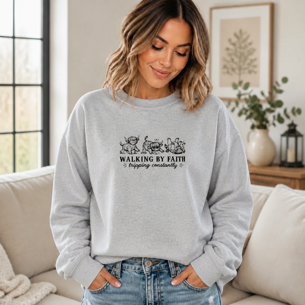 Walking By Faith Highland Cow - Crewneck Adult Embroidery
