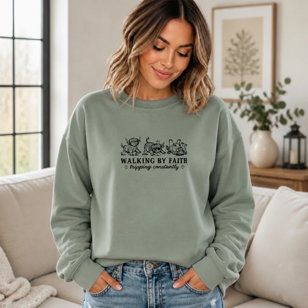 Walking By Faith Highland Cow - Crewneck Adult Embroidery