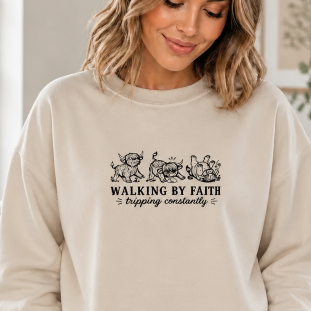 Walking By Faith Highland Cow - Crewneck Adult Embroidery
