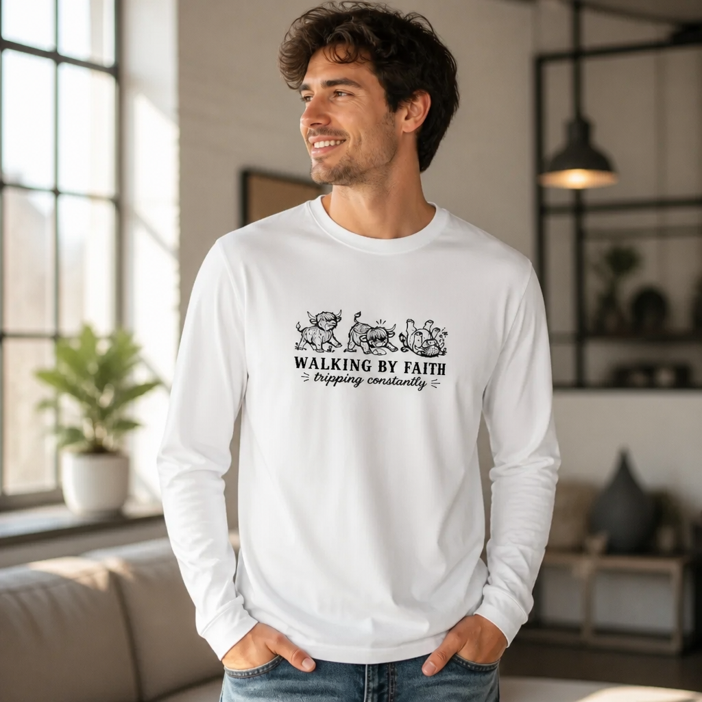 Walking By Faith Highland Cow - Long Sleeve T-Shirt Adult Embroidery