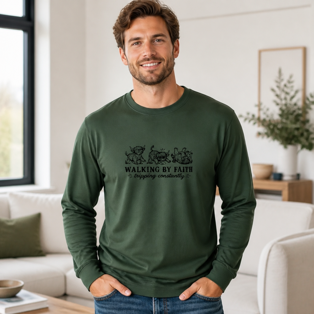 Walking By Faith Highland Cow - Long Sleeve T-Shirt Adult Embroidery