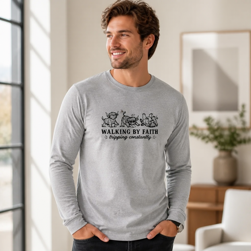 Walking By Faith Highland Cow - Long Sleeve T-Shirt Adult Embroidery