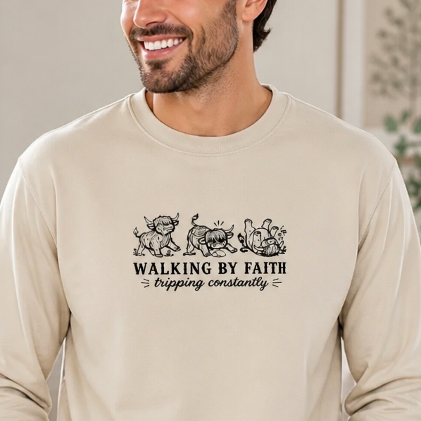 Walking By Faith Highland Cow - Long Sleeve T-Shirt Adult Embroidery